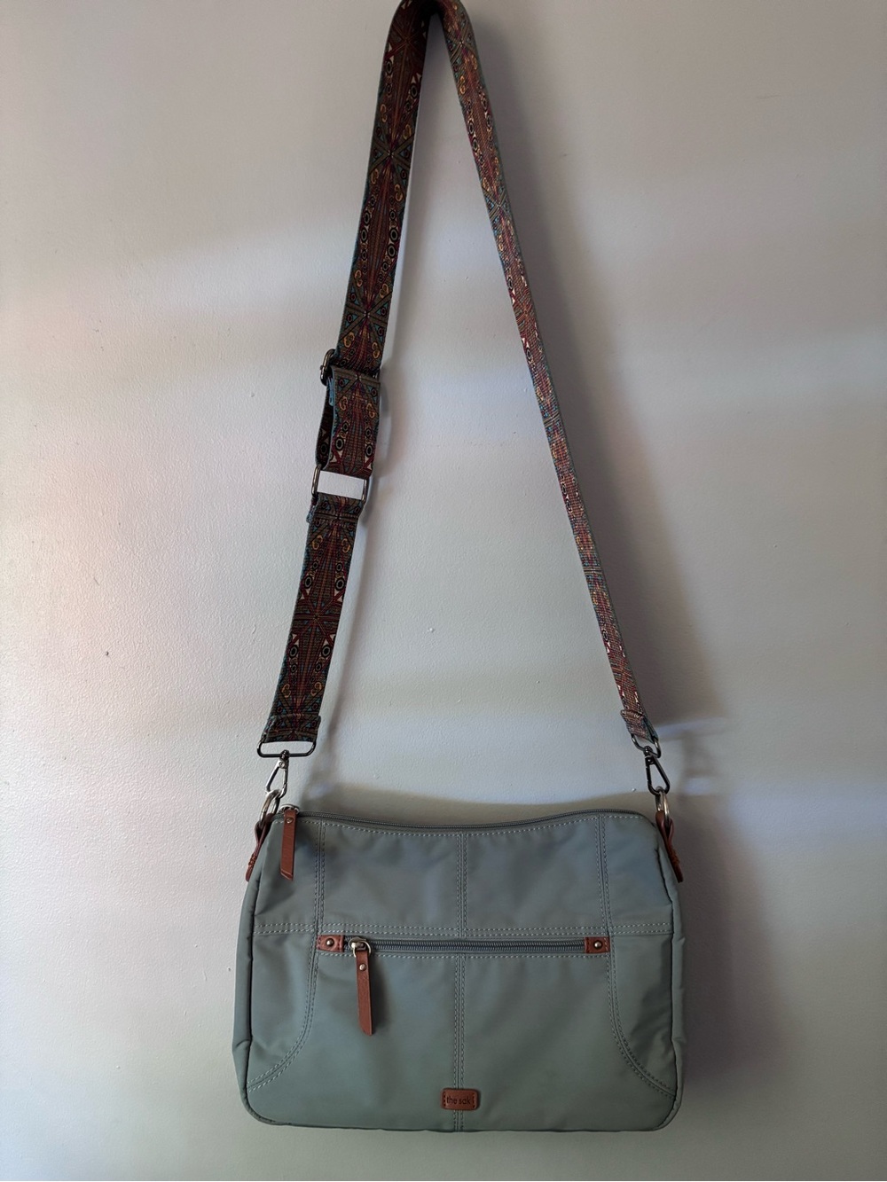 SAK Light Gray Crossbody Messenger Bag with Patterned Strap